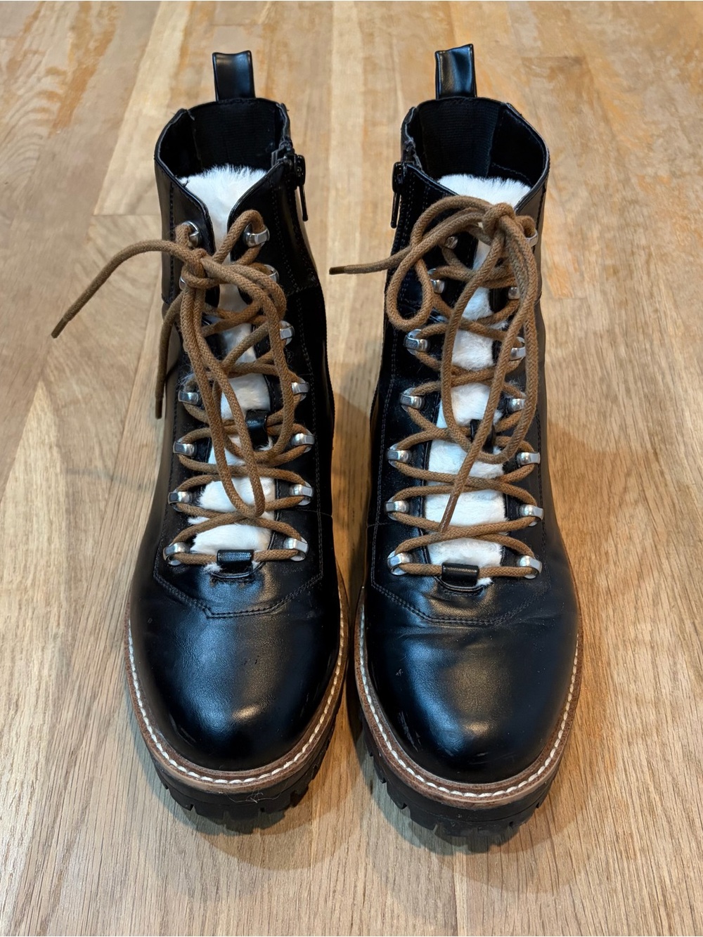 Black Faux Fur Lace-Up Hiking Boots Brown Laces Size 9